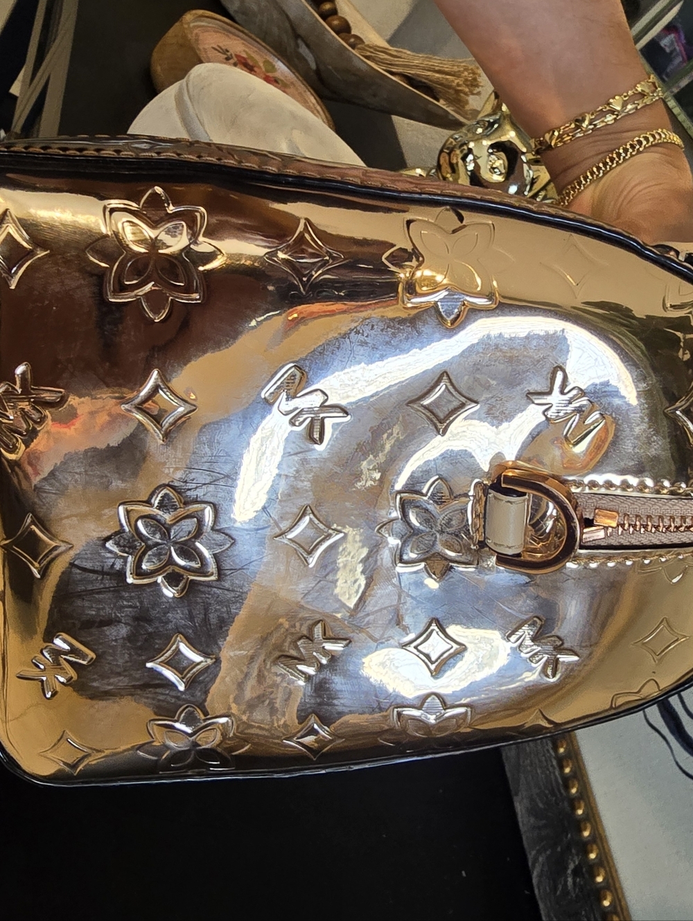 Michael Kors Kara Mirror Metallic Embossed Large Duffle Satchel Bag Rose Gold - Picture 12 of 14